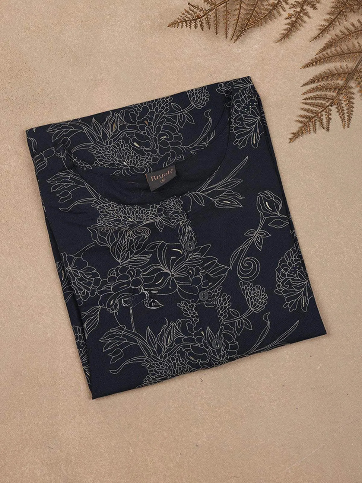 Dark Navy Blue Floral Printed Cotton Rayon Kurti - Diadem