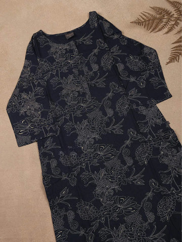 Dark Navy Blue Floral Printed Cotton Rayon Kurti - Diadem