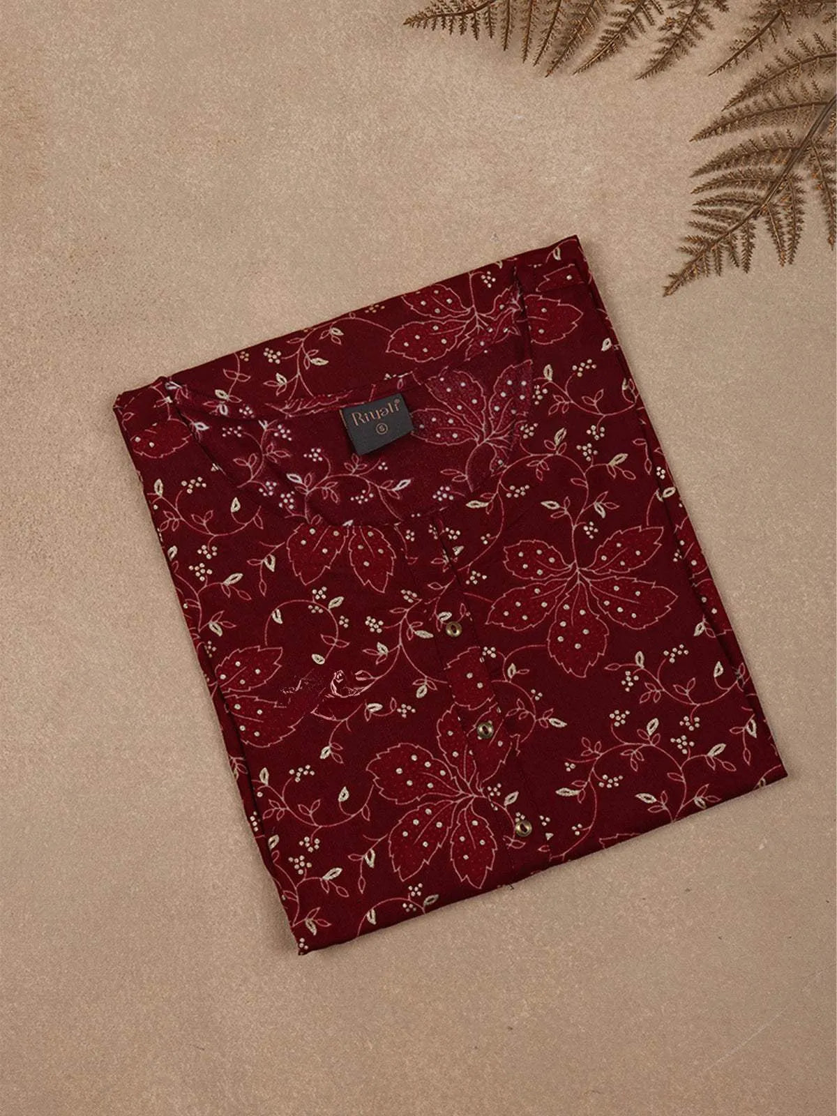 Maroon Floral Printed Cotton Rayon Kurti - Diadem
