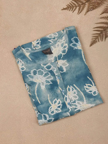 Blue Floral Printed Cotton Rayon Kurti - Diadem
