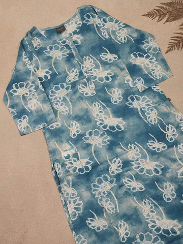 Blue Floral Printed Cotton Rayon Kurti - Diadem