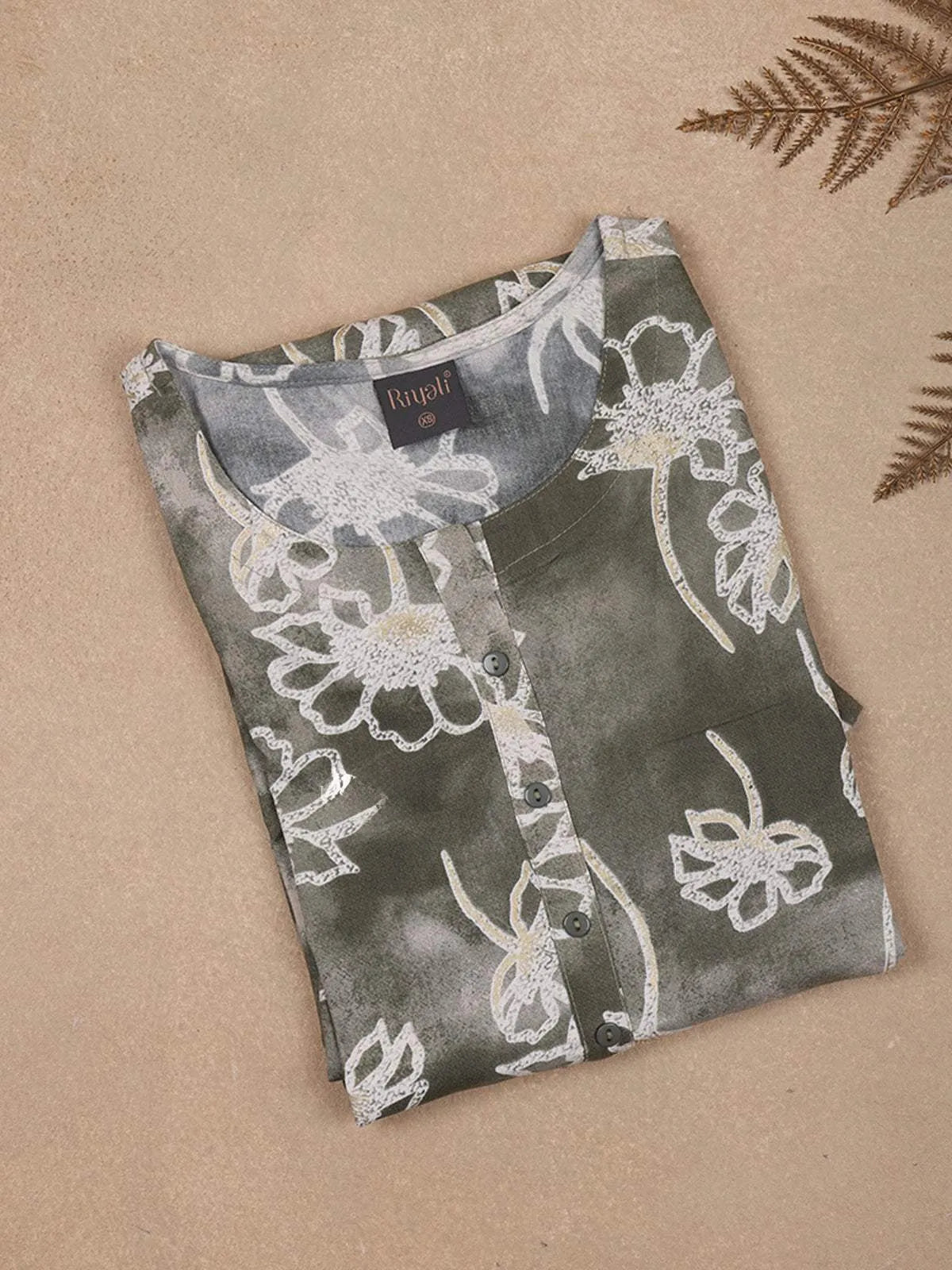 Olive Green Floral Printed Cotton Rayon Kurti - Diadem