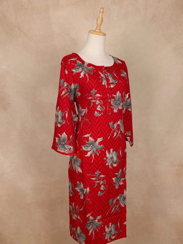 Red Floral Printed Cotton Kurti - Diadem