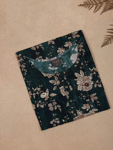 Dark Teal Floral Printed Cotton Rayon Kurti - Diadem