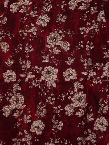 Maroon Printed Cotton Rayon Kurti with Pastel Floral Design - Diadem