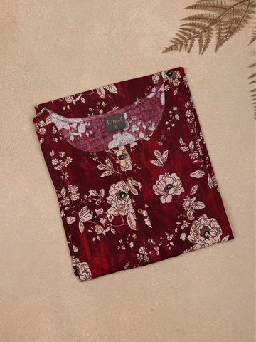 Maroon Printed Cotton Rayon Kurti with Pastel Floral Design - Diadem