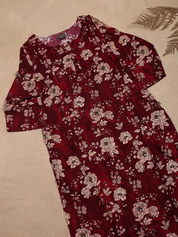 Maroon Printed Cotton Rayon Kurti with Pastel Floral Design - Diadem