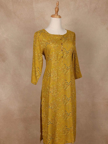 Mustard Yellow Floral Printed Cotton Kurti - Diadem