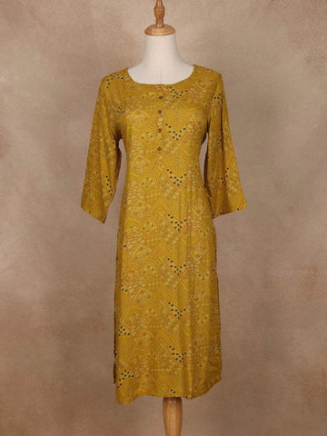 Mustard Yellow Floral Printed Cotton Kurti - Diadem