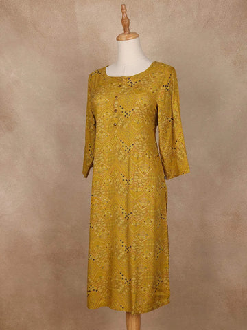 Mustard Yellow Floral Printed Cotton Kurti - Diadem