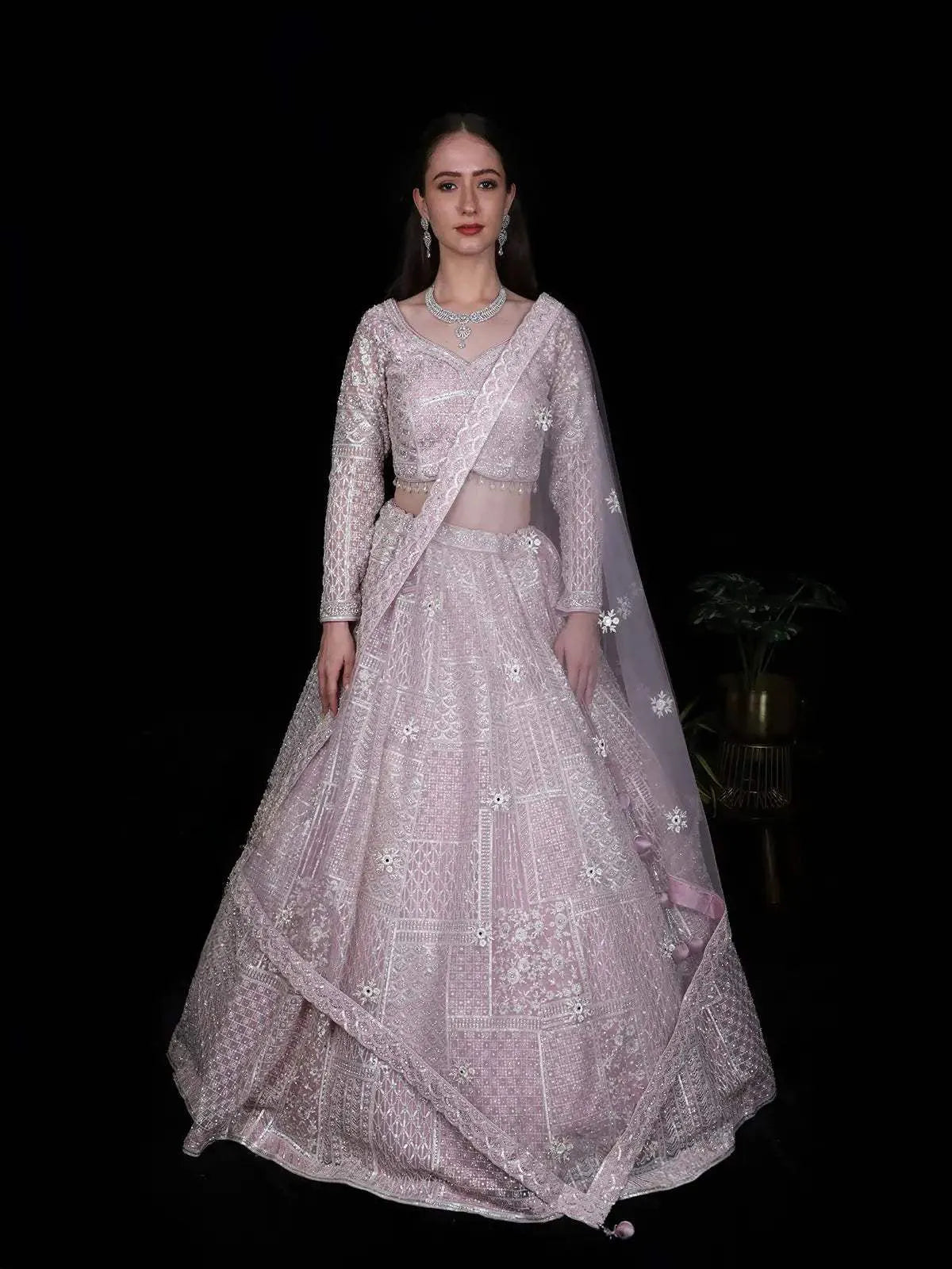 Light Pink Floral Designed Net Bridal Lehenga - Diadem