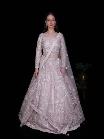 Light Pink Floral Designed Net Bridal Lehenga - Diadem