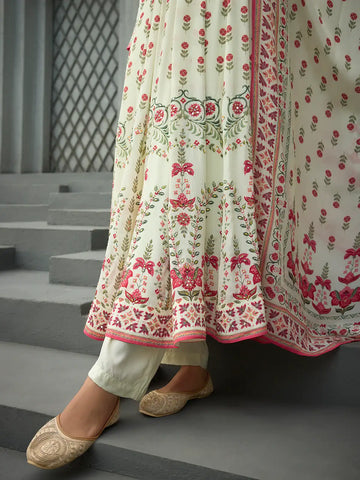 White Floral Printed Synthetic Salwar Suit - Diadem
