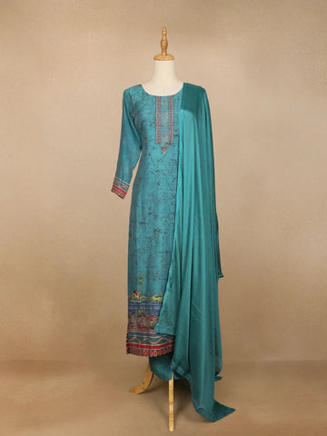 Teal Blue Marble Print Cotton Linen Straight Cut Salwar Suit - Diadem