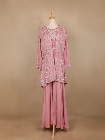 Onion Pink Sequin Embroidered Crepe Palazzo Salwar Suit - Diadem