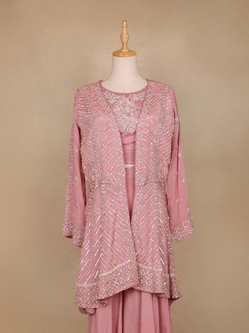 Onion Pink Sequin Embroidered Crepe Palazzo Salwar Suit - Diadem