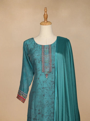 Teal Blue Marble Print Cotton Linen Straight Cut Salwar Suit - Diadem