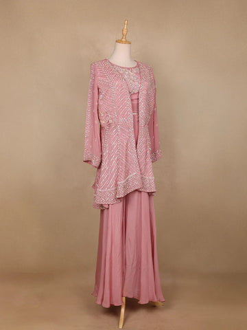 Onion Pink Sequin Embroidered Crepe Palazzo Salwar Suit - Diadem