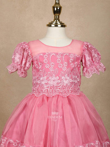 Pink Floral Embroidery Organza Party Wear Gown for Girls - Diadem
