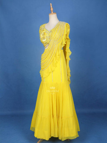Bright Yellow 3D Georgette Sangeet Lehenga with Floral Embroidery - Diadem