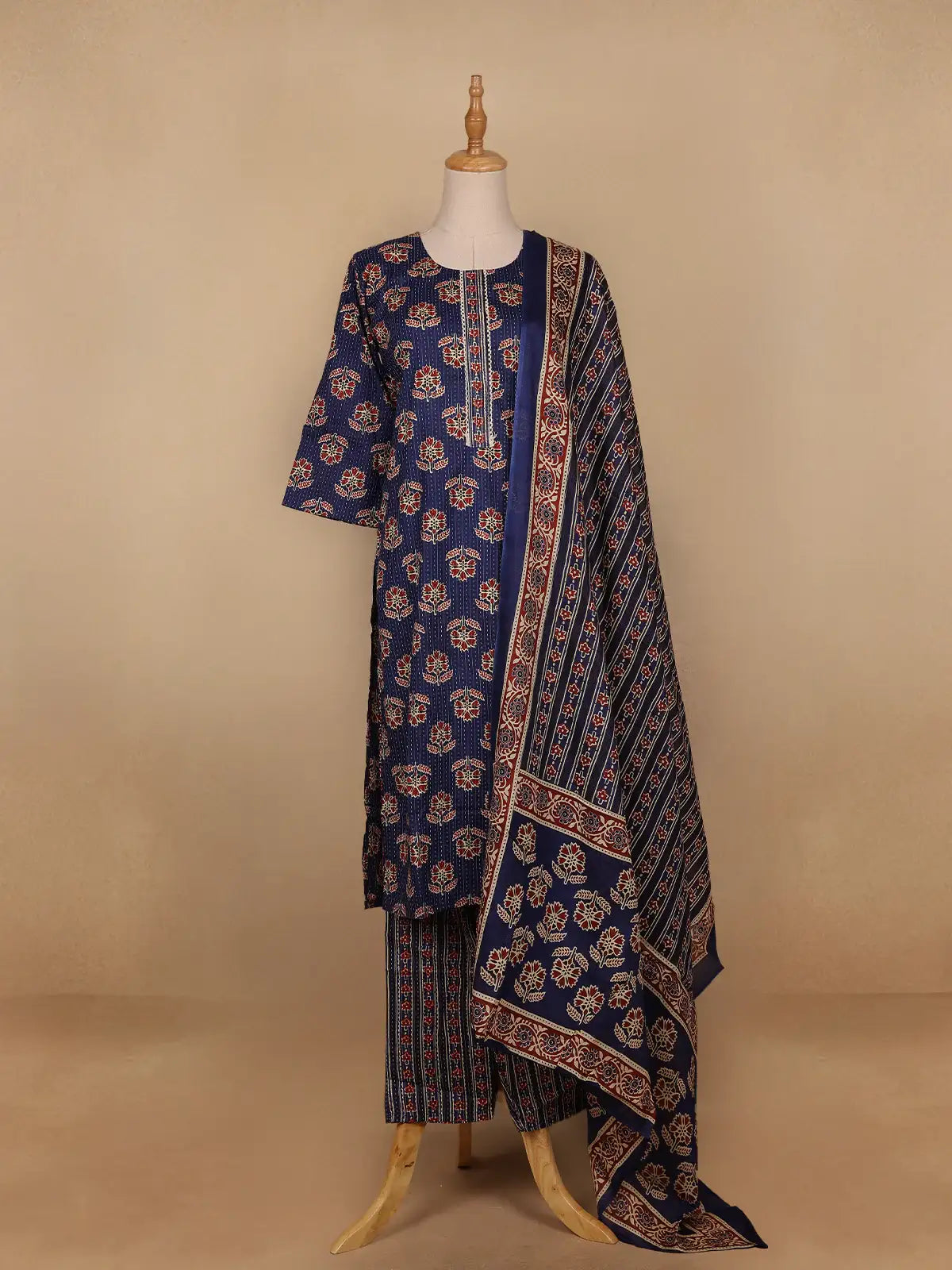 Dark Blue Floral Designed Cotton Salwar Suit - Diadem