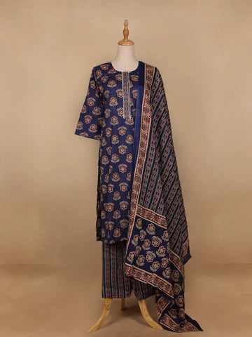 Dark Blue Floral Designed Cotton Salwar Suit - Diadem