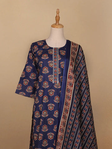 Dark Blue Floral Designed Cotton Salwar Suit - Diadem