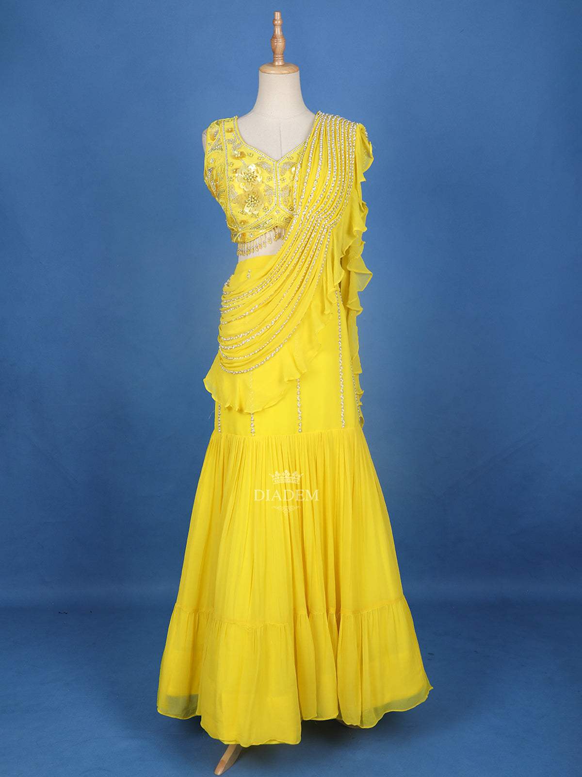 Bright Yellow 3D Georgette Sangeet Lehenga with Floral Embroidery - Diadem