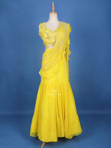 Bright Yellow 3D Georgette Sangeet Lehenga with Floral Embroidery - Diadem