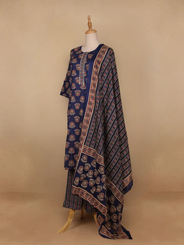 Dark Blue Floral Designed Cotton Salwar Suit - Diadem