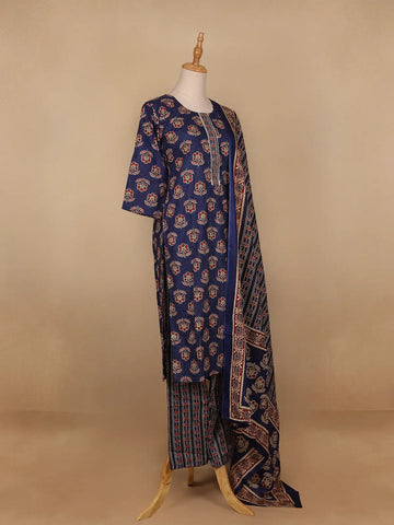 Dark Blue Floral Designed Cotton Salwar Suit - Diadem