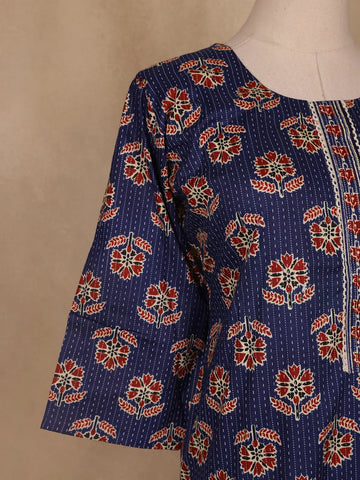 Dark Blue Floral Designed Cotton Salwar Suit - Diadem