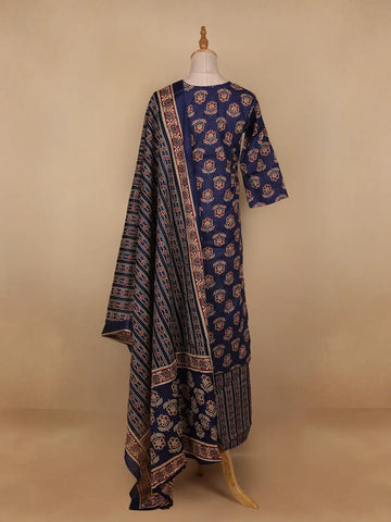Dark Blue Floral Designed Cotton Salwar Suit - Diadem