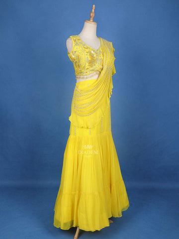 Bright Yellow 3D Georgette Sangeet Lehenga with Floral Embroidery - Diadem