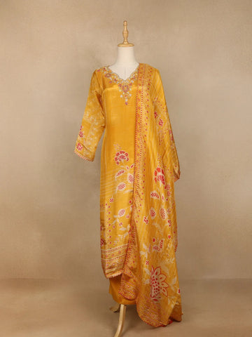 Mustard Yellow Floral Print Tissue Straight Cut Salwar Suit - Diadem