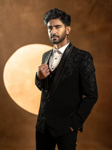 Black Floral Designed 3-Piece Suit with Matching Blazer Coat - Diadem