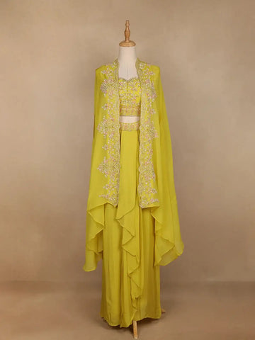 Yellow Floral Embroidered Crepe Bridesmaids Lehenga - Diadem
