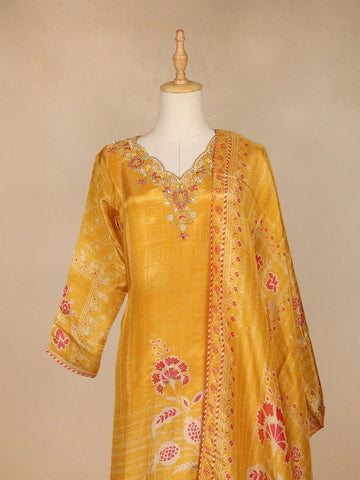 Mustard Yellow Floral Print Tissue Straight Cut Salwar Suit - Diadem