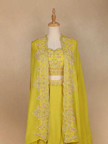 Yellow Floral Embroidered Crepe Bridesmaids Lehenga - Diadem