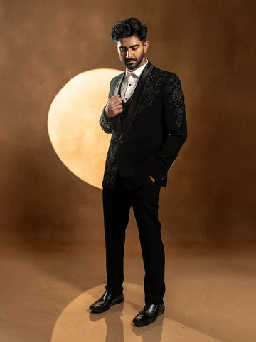 Black Floral Designed 3-Piece Suit with Matching Blazer Coat - Diadem