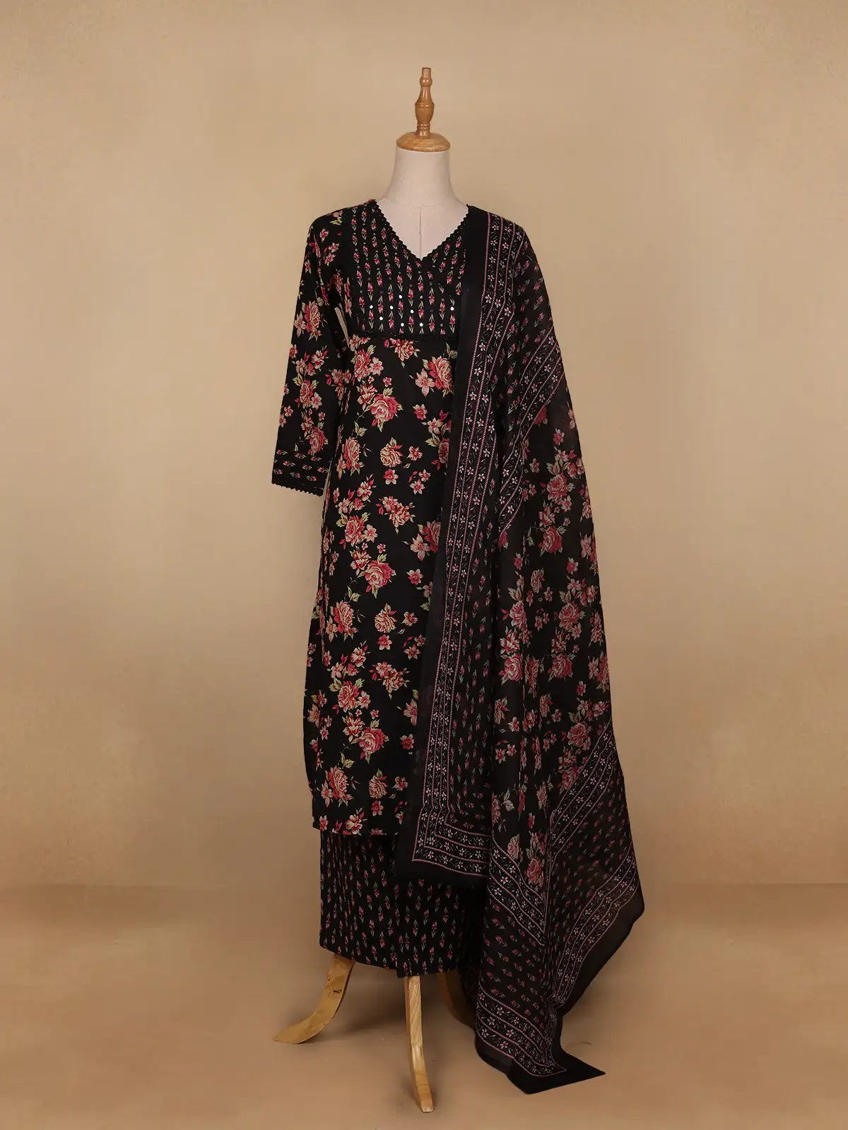 Black Floral Designed Cotton Salwar Suit - Diadem
