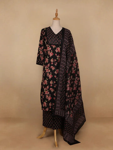 Black Floral Designed Cotton Salwar Suit - Diadem