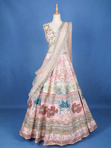 Pale Pink Raw Silk Sangeet Lehenga with Floral Embroidery - Diadem