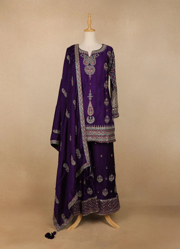 Dark Purple Crepe Geometric Palazzo Salwar Suit - Diadem