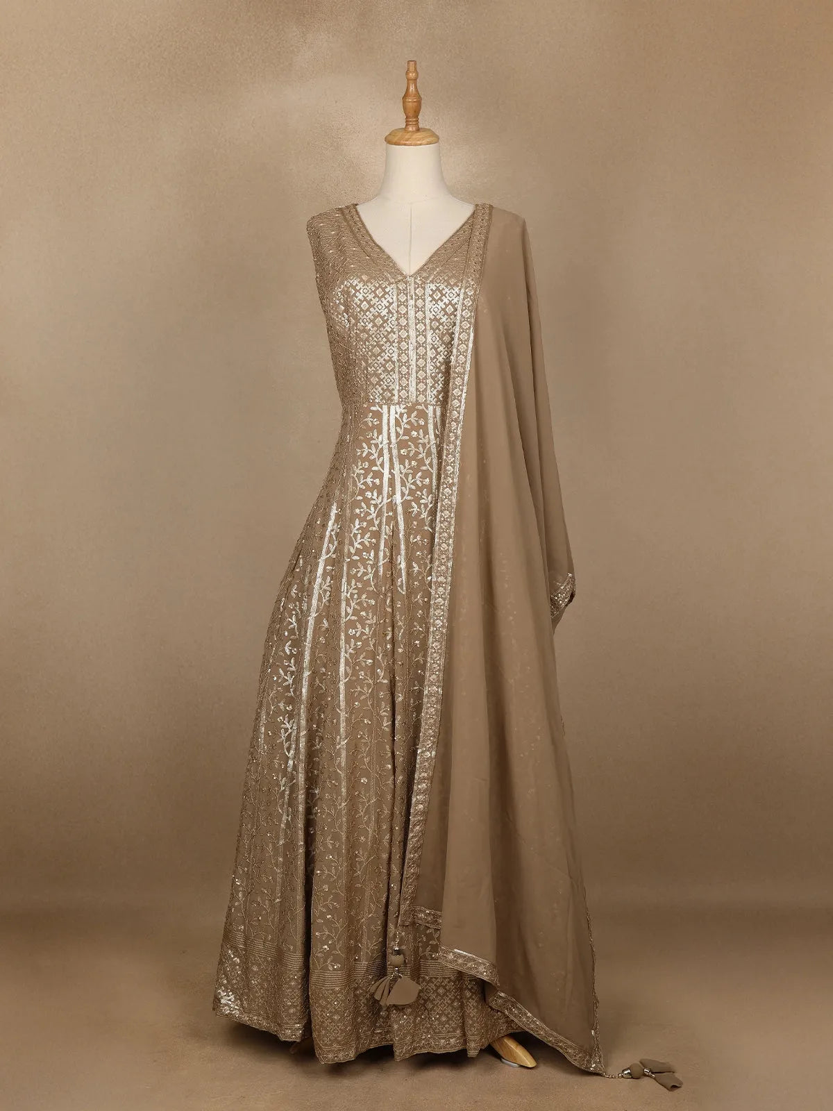 Brown Sequins Embroidered Georgette Gown - Diadem