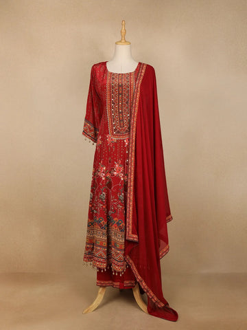 Red Floral Print Rayon Straight Cut Salwar Suit - Diadem