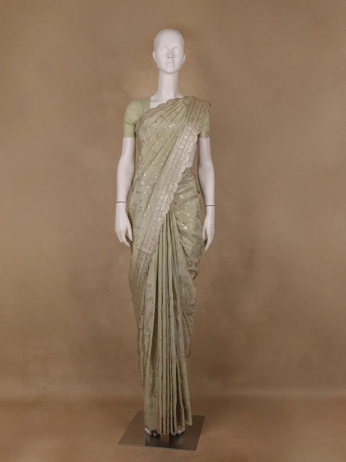 Pistachio Green Floral Embroidered Tissue Silk Saree with Scallop Border - Diadem