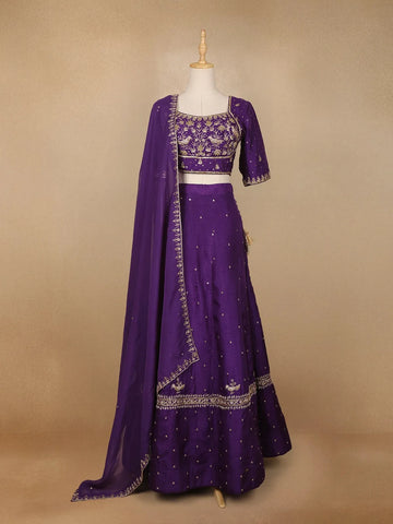 Dark Purple Floral Embroidered Raw Silk Bridesmaid Lehenga - Diadem