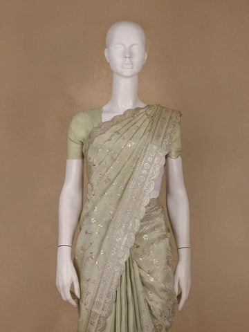 Pistachio Green Floral Embroidered Tissue Silk Saree with Scallop Border - Diadem