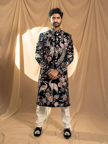 Black Raw Silk Floral Designed Sherwani Suit - Diadem